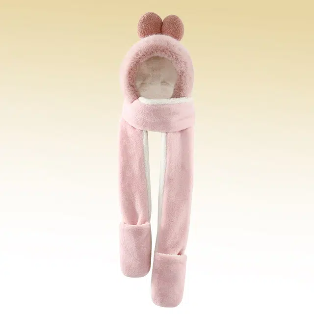 俞兆林 帽子围脖一体手套三件套女冬季保暖可爱蝴蝶结毛绒绒加厚围巾学生 毛茸 绒线帽 女款