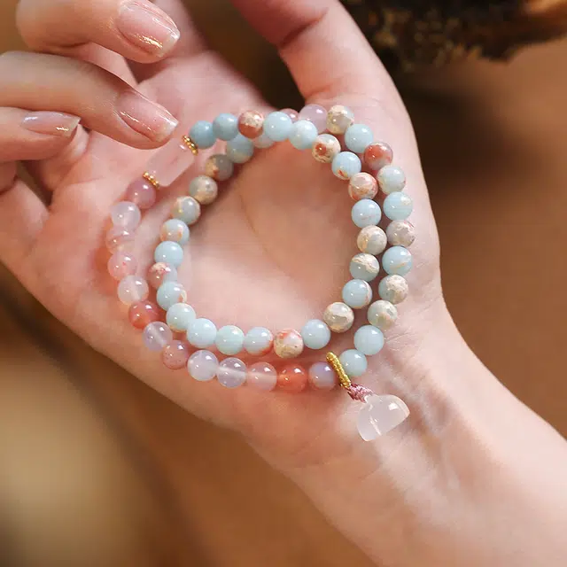 蔻斯琦 【正缘桃花】新中式莲蓬粉晶 招财转运招好人缘爱情甜蜜好运连连 国风新潮古典美腕饰礼盒 好运 寿山石 玉石手串 女款