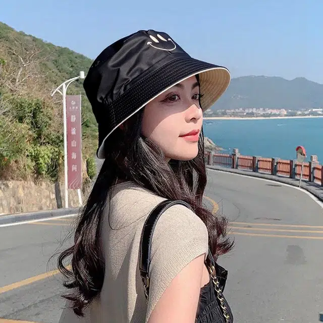 蔻斯琦 可爱笑脸帽子 一款双戴 简约百搭遮阳大头围显脸小 聚酯纤维 渔夫帽 男女同款情侣款