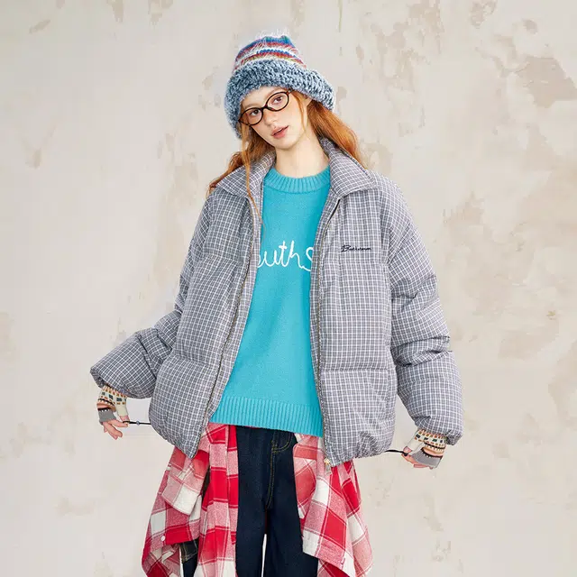 BEETLE TOWN Retro Plaid Puffer Jacket