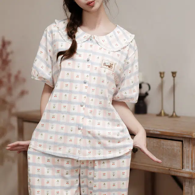 芬腾 女夏季纯棉家居服韩版开衫短袖长裤可外穿甜美卡通少女学生睡衣套装 女款