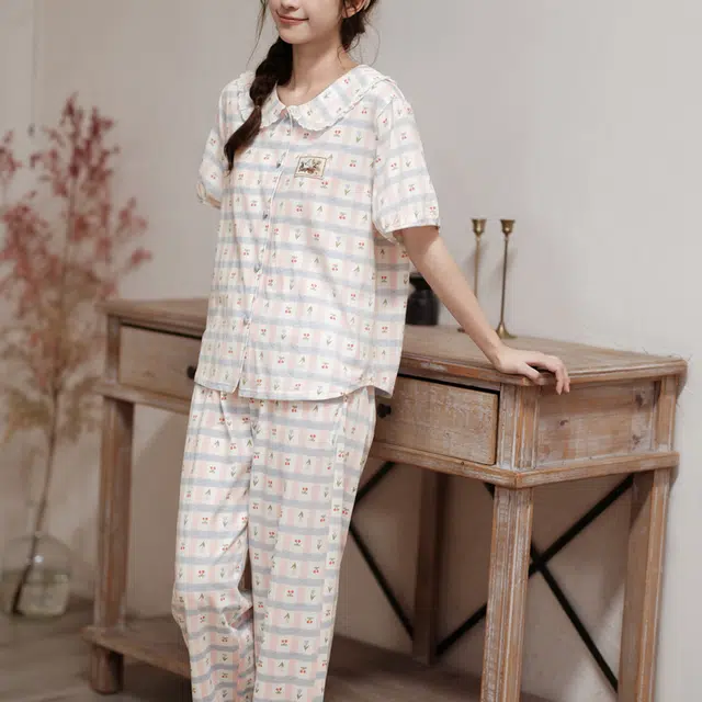 芬腾 女夏季纯棉家居服韩版开衫短袖长裤可外穿甜美卡通少女学生睡衣套装 女款