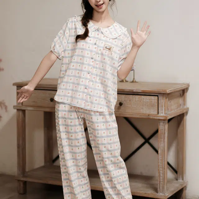 芬腾 女夏季纯棉家居服韩版开衫短袖长裤可外穿甜美卡通少女学生睡衣套装 女款