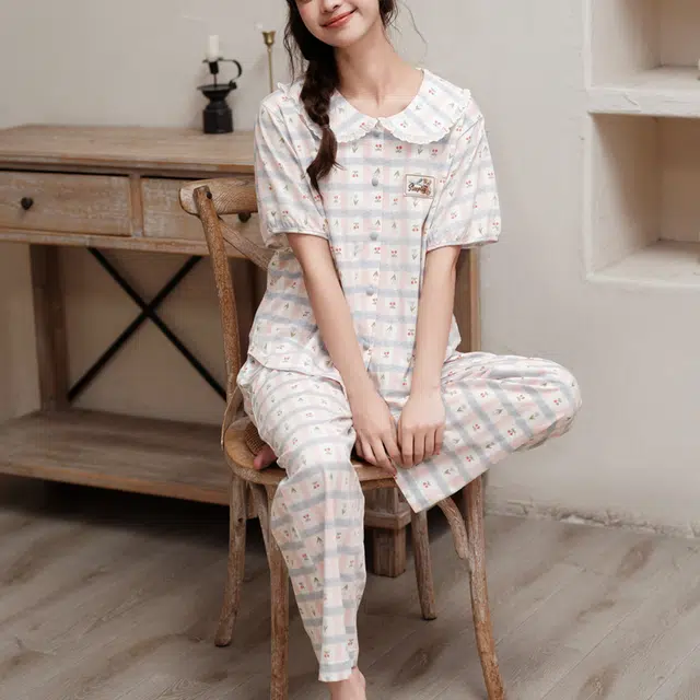 芬腾 女夏季纯棉家居服韩版开衫短袖长裤可外穿甜美卡通少女学生睡衣套装 女款