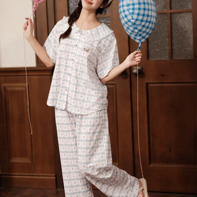 芬腾 女夏季纯棉家居服韩版开衫短袖长裤可外穿甜美卡通少女学生睡衣套装 女款