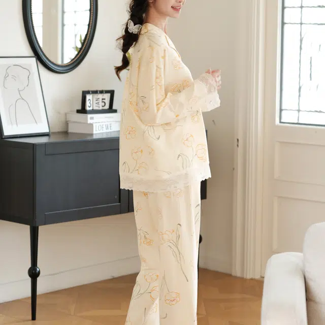 芬腾 纯棉韩版可外穿甜美田园风长袖长裤睡衣套装 女款 米杏