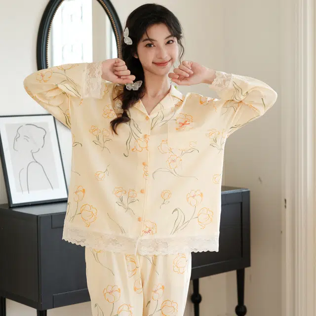 芬腾 纯棉韩版可外穿甜美田园风长袖长裤睡衣套装 女款 米杏