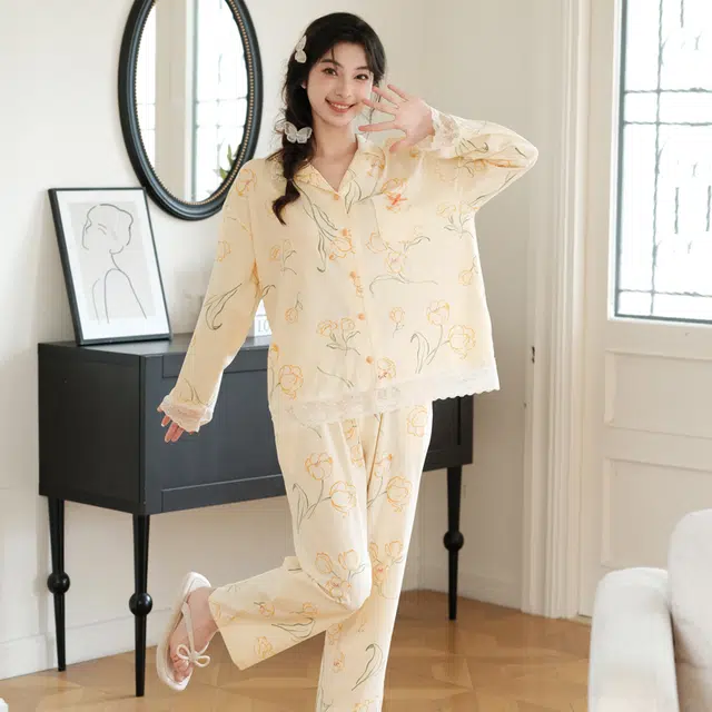 芬腾 纯棉韩版可外穿甜美田园风长袖长裤睡衣套装 女款 米杏