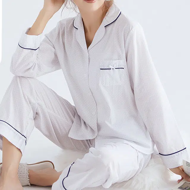 芬腾 纯棉长袖开衫睡衣 春秋季纯色家居服套装 女士