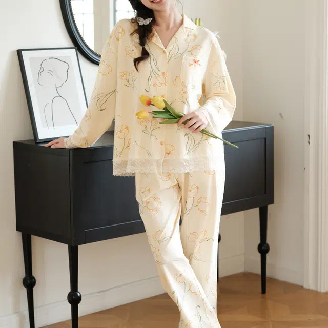 芬腾 纯棉韩版可外穿甜美田园风长袖长裤睡衣套装 女款 米杏