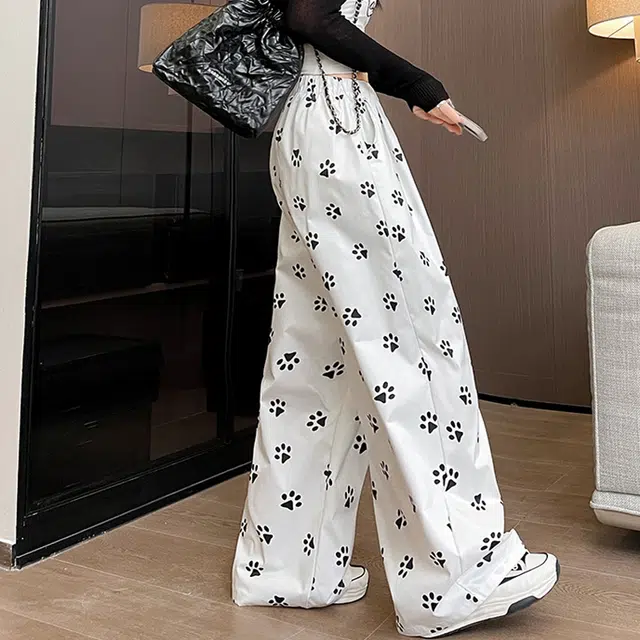 依钗 可爱小狗脚印元素高腰休闲裤 女款