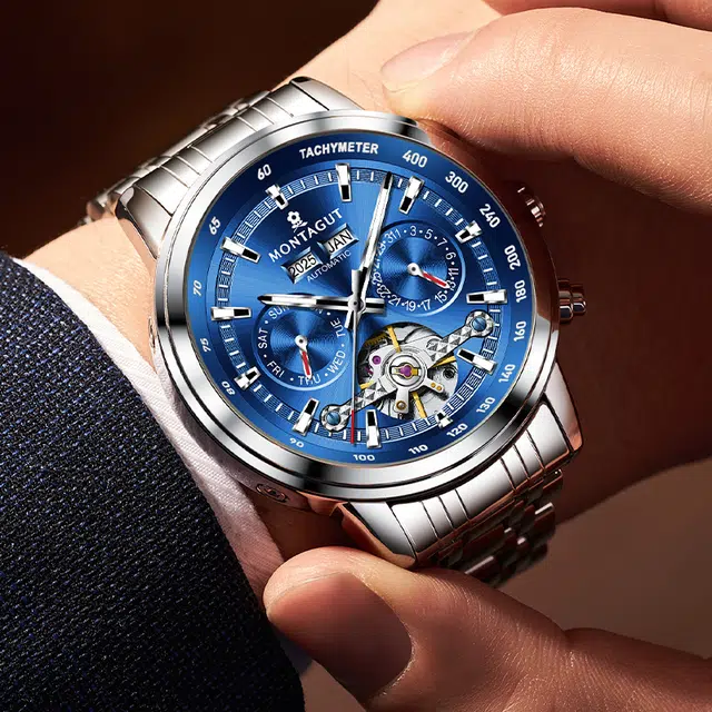 梦特娇 全自动机腕表职场商务潮流时尚日常通勤百搭休闲 自动机械机芯 精钢表带 国表 男表 蓝色表盘 防晒夜光镂空陀飞轮