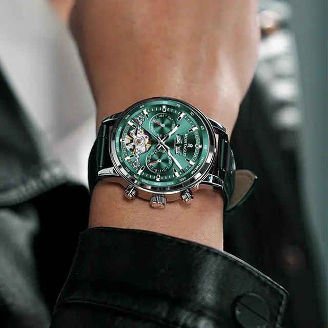 梦特娇 职场商务学生党通勤潮流日常休闲高级腕表多功能 自动机械机芯 国表 男表 蓝色表盘