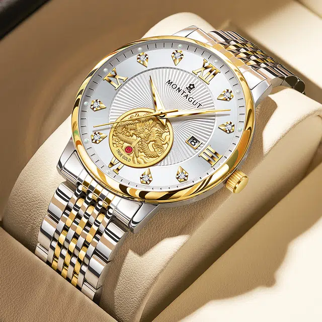 梦特娇 双龙戏珠系列 时尚上班族通勤商务百搭日期显示高级腕表罗马数字 自动机械机芯 精钢表带 国表 男表 白色表盘 学生党运动防水夜光