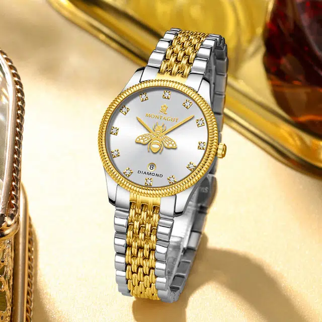 梦特娇 时尚日期显示潮流 石英机芯 精钢表带 国表 男表 金色表盘 夜光防水