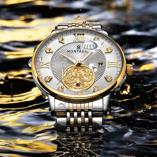 梦特娇 双龙戏珠系列 时尚上班族通勤商务百搭日期显示高级腕表罗马数字 自动机械机芯 精钢表带 国表 男表 白色表盘 学生党运动防水夜光