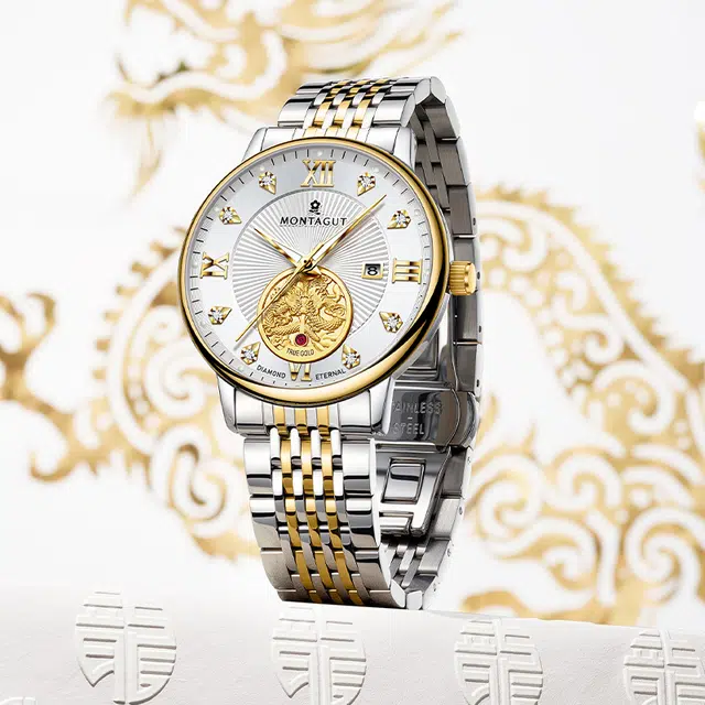 梦特娇 双龙戏珠系列 时尚上班族通勤商务百搭日期显示高级腕表罗马数字 自动机械机芯 精钢表带 国表 男表 白色表盘 学生党运动防水夜光