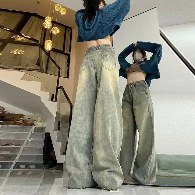 依钗 美式复古加绒加厚高腰垂感百搭拖地裤牛仔裤 女款