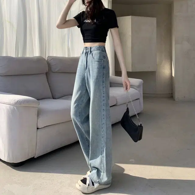 依钗 美式复古加绒加厚高腰垂感百搭拖地裤牛仔裤 女款