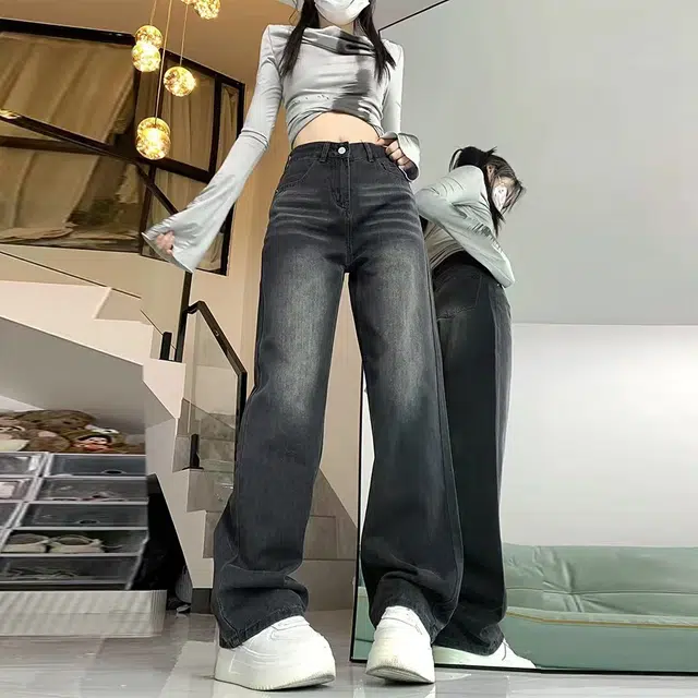 依钗 美式复古加绒加厚高腰垂感百搭拖地裤牛仔裤 女款
