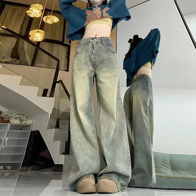 依钗 美式复古加绒加厚高腰垂感百搭拖地裤牛仔裤 女款