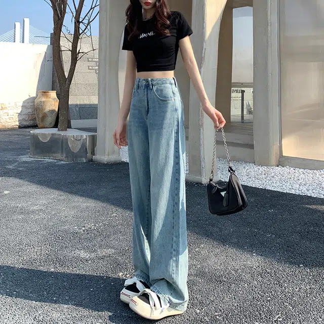 依钗 美式复古加绒加厚高腰垂感百搭拖地裤牛仔裤 女款