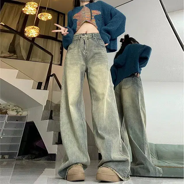 依钗 美式复古加绒加厚高腰垂感百搭拖地裤牛仔裤 女款