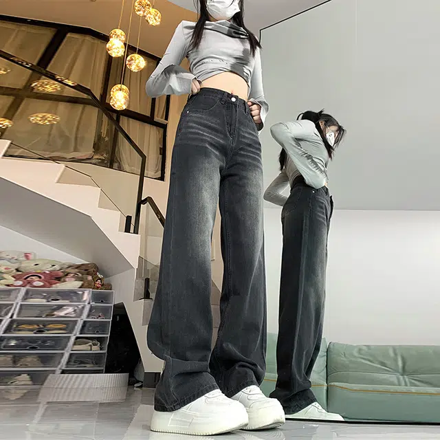 依钗 美式复古加绒加厚高腰垂感百搭拖地裤牛仔裤 女款