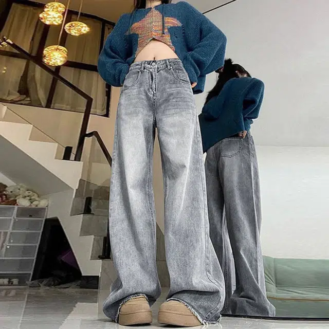 依钗 美式复古加绒加厚高腰垂感百搭拖地裤牛仔裤 女款