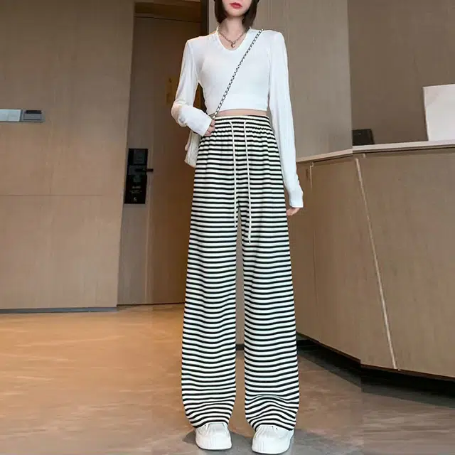 依钗 美式抽绳针织慵懒感百搭舒适高腰显瘦垂感拖地阔腿运动卫裤直筒裤休闲裤 女款