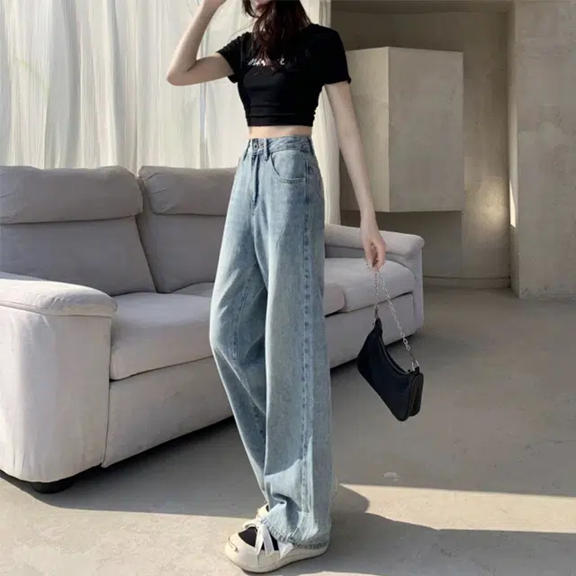 依钗 美式复古加绒加厚高腰垂感百搭拖地裤牛仔裤 女款