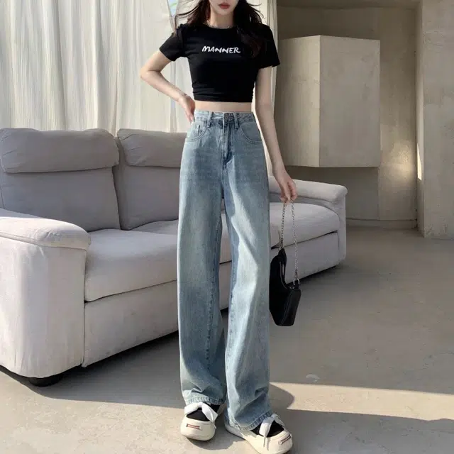 依钗 美式复古加绒加厚高腰垂感百搭拖地裤牛仔裤 女款
