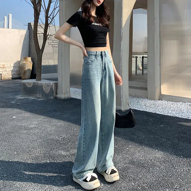 依钗 美式复古加绒加厚高腰垂感百搭拖地裤牛仔裤 女款