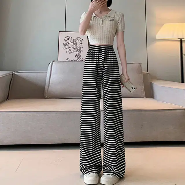 依钗 美式抽绳针织慵懒感百搭舒适高腰显瘦垂感拖地阔腿运动卫裤直筒裤休闲裤 女款