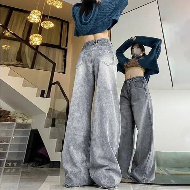 依钗 美式复古加绒加厚高腰垂感百搭拖地裤牛仔裤 女款