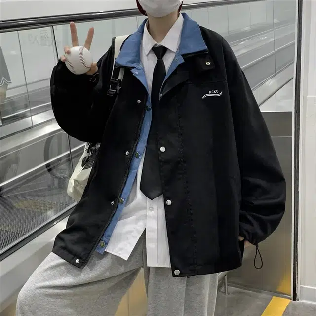 一碗士多 美式复古高街假两件拼接机能风防风防水休闲百搭夹克 男女同款