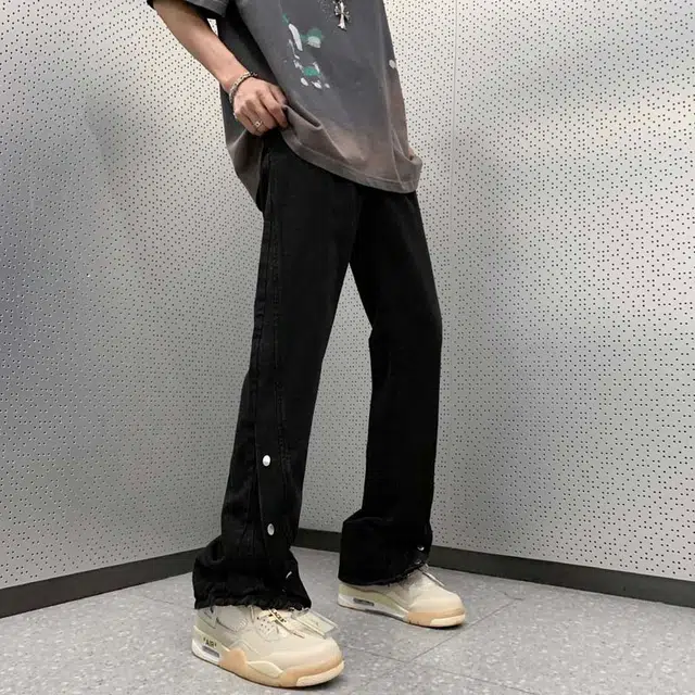 北极绒 美式潮牌水洗做旧高街复古排扣拉链开叉宽松弯刀直筒阔腿弹力百搭潮流微喇裤牛仔裤 男女同款