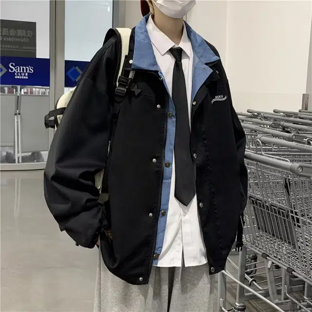 一碗士多 美式复古高街假两件拼接机能风防风防水休闲百搭夹克 男女同款