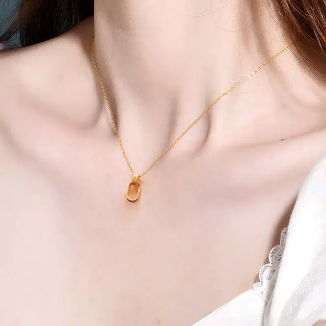 行金银中 双环吊坠环环相扣几何项链挂坠 足金 定价金 黄金项链 女款
