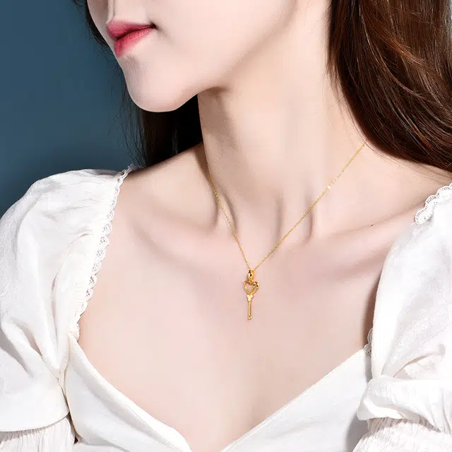 行金银中 爱心钥匙 打开心扉心形 甜美小众轻奢高级感 足金 按克计价 黄金项链 男女同款情侣款