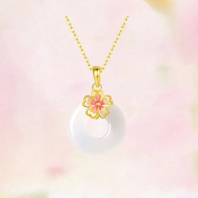 行金银中 桃花平安扣 樱为有你小众设计花卉 清冷感五花高贵颈饰 玉髓 项链 男女同款情侣款