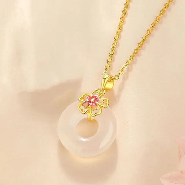 行金银中 桃花平安扣 樱为有你小众设计花卉 清冷感五花高贵颈饰 玉髓 项链 男女同款情侣款
