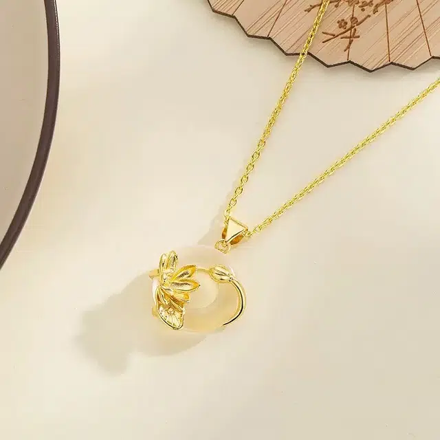 行金银中 好运莲莲 事事如意莲花平安扣 新中式国风招财纳福小众时尚精致锁骨链 玉髓 吊坠 男女同款情侣款