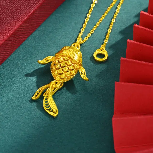 金至福 金丝锦鲤 吉祥如意好运锦鲤 镂空小金鱼逐浪金鳞年年有余 新中式简约大气优雅 祥云尾链锁骨链 足金 按克计价 黄金项链 女款