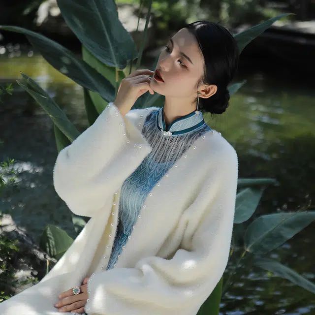槿爷东方 渐变蓝水波纹蕾丝侧襟旗袍 渐变蓝