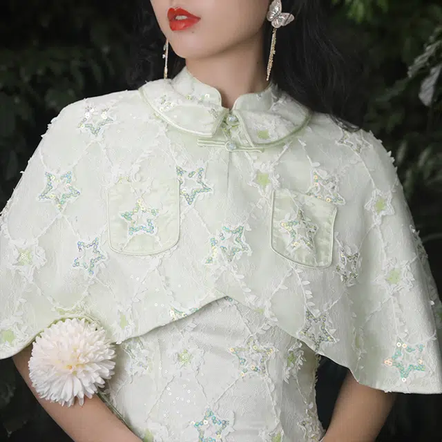 槿爷东方 馨绿 刺绣网纱纯色短款短袖连衣裙斗篷分体套装 女款 果绿色