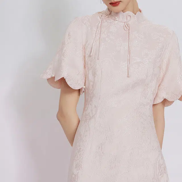 槿爷东方 纯色开叉短袖旗袍 杏粉色