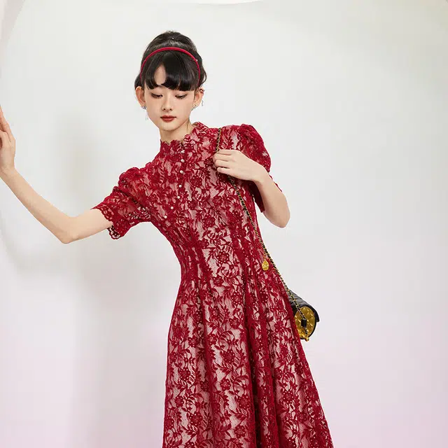 槿爷东方 花色蕾丝短袖旗袍 女款 酒红色