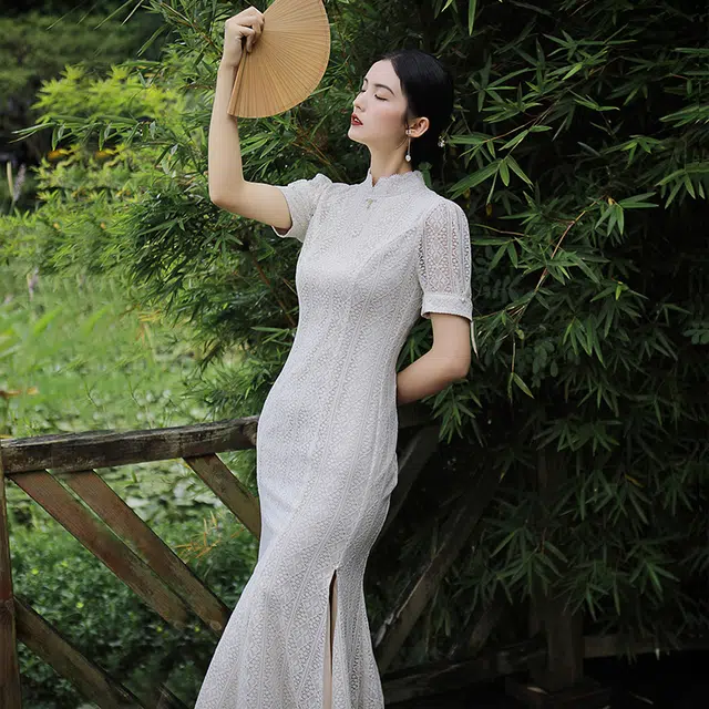 槿爷东方 古漫复古蕾丝泡泡袖旗袍 女款 珍珠白