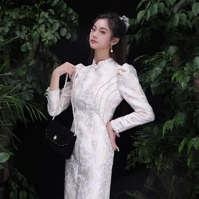 槿爷东方 新中式提花长袖旗袍 女款 白色